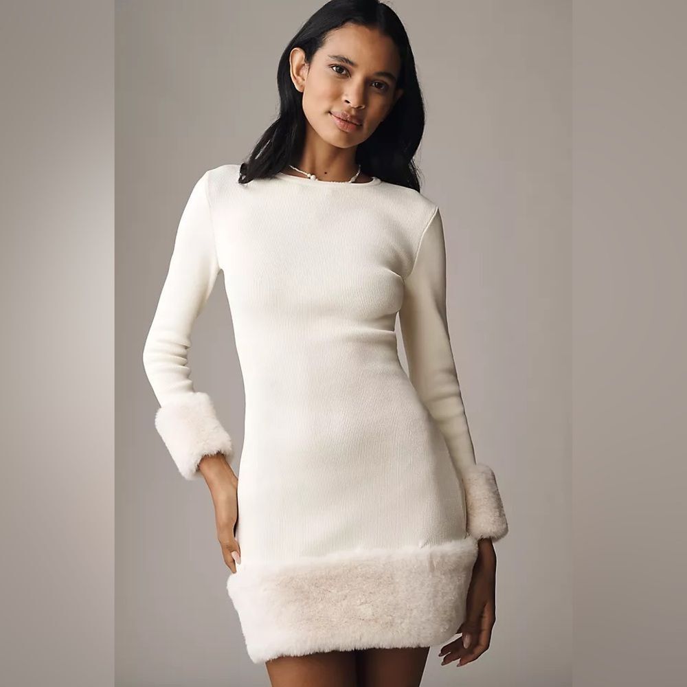NWT Delfi Collective Faux Fur-Trim Long-Sleeve Mini Sweater Dress